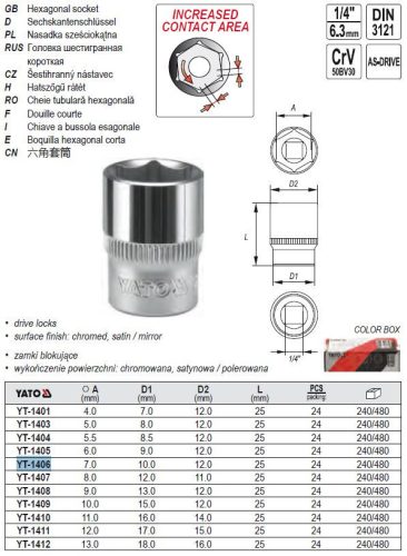 YATO YT-1406 Dugókulcs 1/4 Col 7 mm CrV