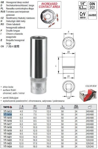 YATO YT-1414 Hosszú dugókulcs 1/4 Col 4,5 mm CrV