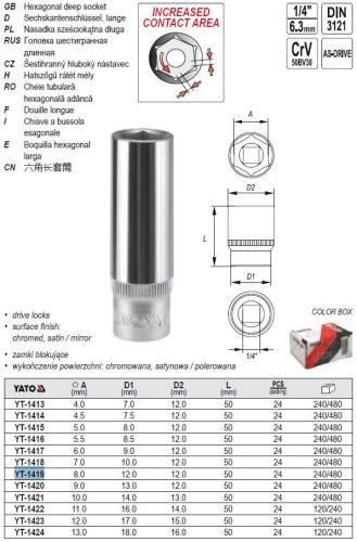 YATO YT-1419 Hosszú dugókulcs 1/4 Col 8 mm CrV