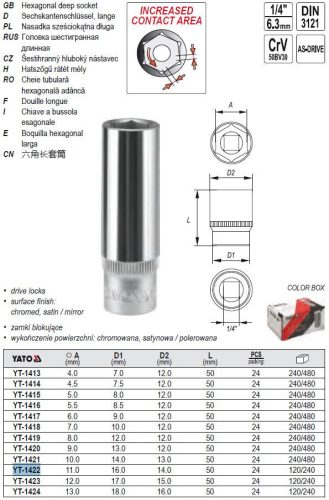 YATO YT-1422 Hosszú dugókulcs 1/4 Col 11 mm CrV