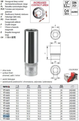 YATO YT-1423 Hosszú dugókulcs 1/4 Col 12 mm CrV