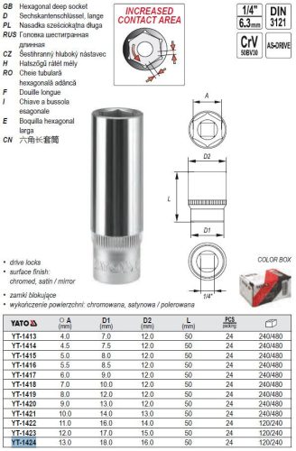 YATO YT-1424 Hosszú dugókulcs 1/4 Col 13 mm CrV