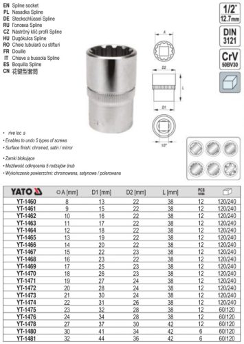 YATO YT-1460 Dugókulcs Spline 1/2 Col 8 mm CrV