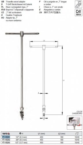 YATO YT-15291 T-alakú hajtókar csuklós 1/4 Col 450 mm CrV