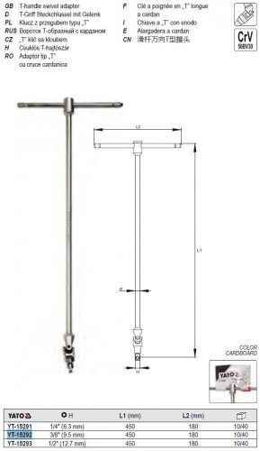 YATO YT-15292 T-alakú hajtókar csuklós 3/8 Col 450 mm CrV