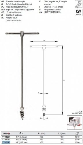 YATO YT-15293 T-alakú hajtókar csuklós 1/2 Col 450 mm CrV
