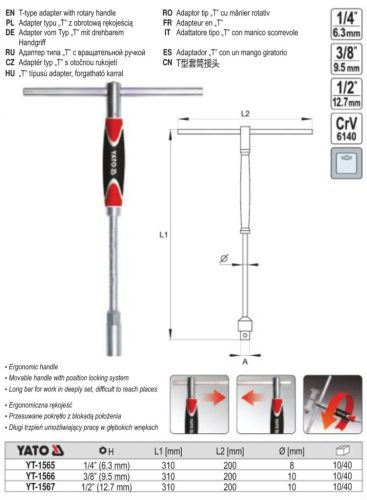 YATO YT-1565 T-hajtószár 1/4 Col x 310 mm forg. nyéllel CrV