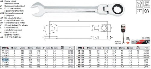YATO YT-1678 Racsnis csuklós csillag-villáskulcs 12 mm / 170 mm 72T CrV