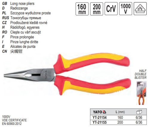 YATO YT-21155 Hosszúcsőrű fogó egyenes 200 mm 1000 V-ig szigetelt CrV