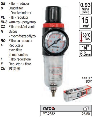 YATO YT-2382 Pneumatikus levegő szűrő nyomásszabályzóval 1/4 Col