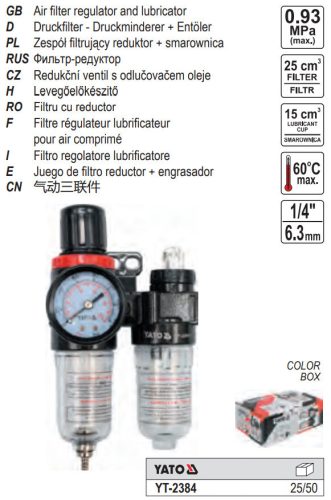 YATO YT-2384 Pneumatikus levegő szűrő nyomásszabályzóval kenőtartállyal 1/4 Col 25 cm3