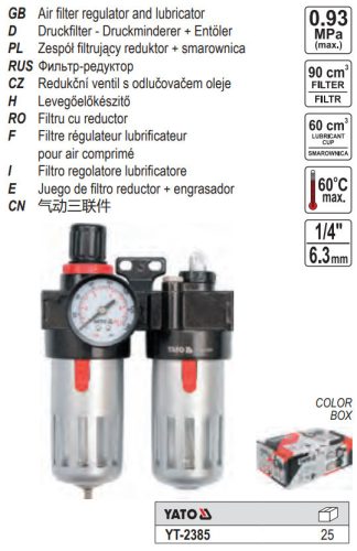 YATO YT-2385 Pneumatikus levegő szűrő nyomásszabályzóval kenőtartállyal 1/4 Col 90 cm3
