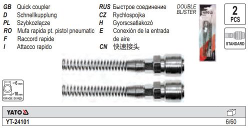 YATO YT-24101 Pneumatikus tömlő gyorscsatlakozó hüvely 1/4 Col csővéggel 6 x 10 mm