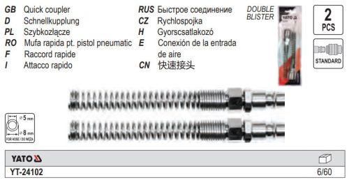 YATO YT-24102 Pneumatikus tömlő gyorscsatlakozó apa 1/4 Col csővéggel 5 x 8 mm