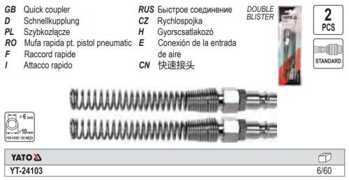 YATO YT-24103 Pneumatikus tömlő gyorscsatlakozó apa 1/4 Col csővéggel 6 x 10 mm