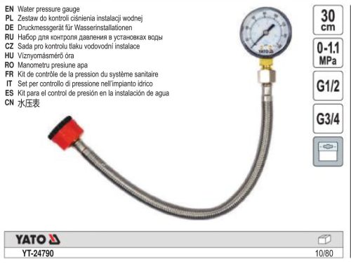 YATO YT-24790 Víznyomásmérő 1/2 Col-3/4 Col 0-1,1 Mpa