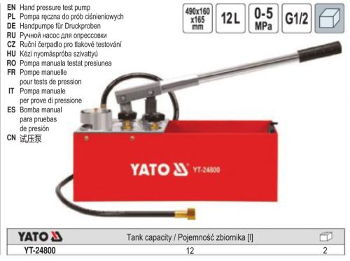 YATO YT-24800 Kézi nyomáspróba szivattyú 12 liter 50 bar