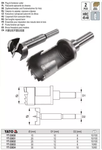 YATO YT-33830 Forstner és dugózó fúró készlet 2 részes 15 mm