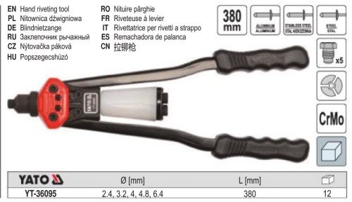 YATO YT-36095 Popszegecsfogó karos 380 mm (2,4-6,4 mm) CrMo pofa