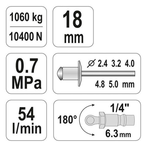 YATO YT-36171 Pneumatikus popszegecshúzó 1/4 Col, 0,7 MPa, 54 l/min