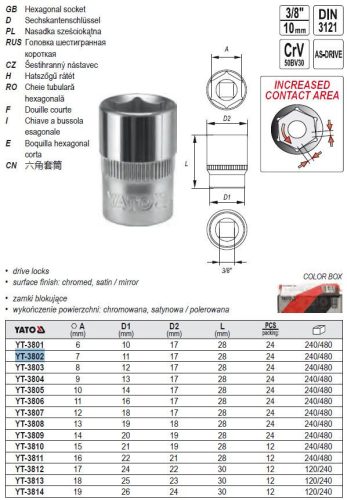 YATO YT-3802 Dugókulcs 3/8 Col 7 mm CrV