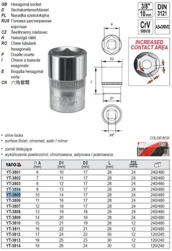 YATO YT-3805 Dugókulcs 3/8 Col 10 mm CrV