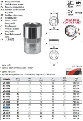 YATO YT-3810 Dugókulcs 3/8 Col 15 mm CrV