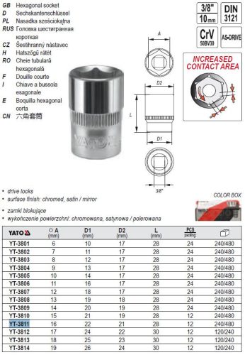YATO YT-3811 Dugókulcs 3/8 Col 16 mm CrV
