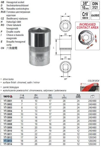 YATO YT-3813 Dugókulcs 3/8 Col 18 mm CrV
