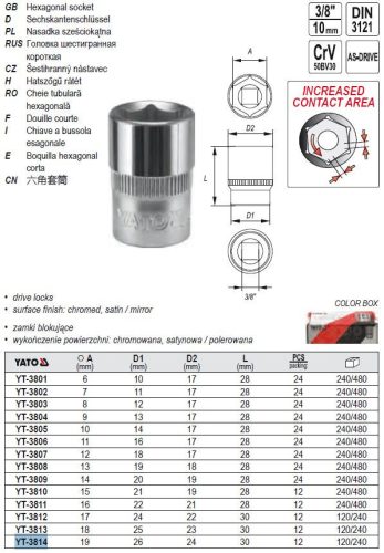 YATO YT-3814 Dugókulcs 3/8 Col 19 mm CrV