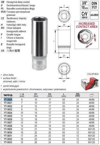 YATO YT-3820 Hosszú dugókulcs 3/8 Col 6 mm CrV