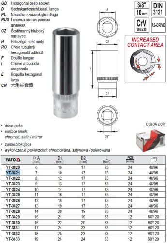 YATO YT-3821 Hosszú dugókulcs 3/8 Col 7 mm CrV
