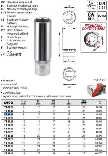 YATO YT-3822 Hosszú dugókulcs 3/8 Col 8 mm CrV