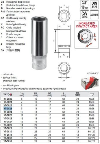 YATO YT-3823 Hosszú dugókulcs 3/8 Col 9 mm CrV
