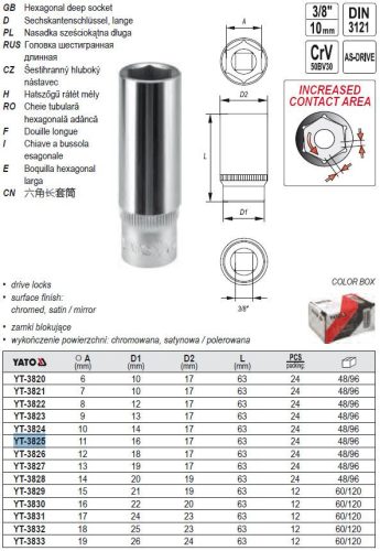YATO YT-3825 Hosszú dugókulcs 3/8 Col 11 mm CrV