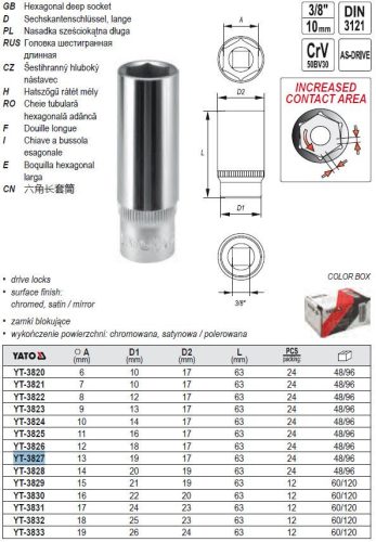 YATO YT-3827 Hosszú dugókulcs 3/8 Col 13 mm CrV