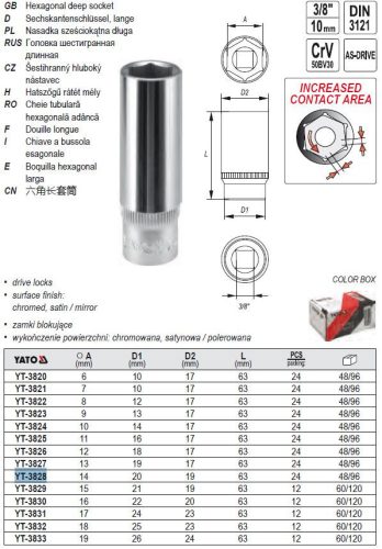 YATO YT-3828 Hosszú dugókulcs 3/8 Col 14 mm CrV
