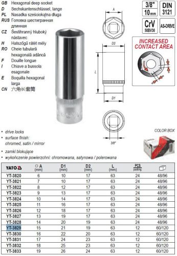 YATO YT-3829 Hosszú dugókulcs 3/8 Col 15 mm CrV