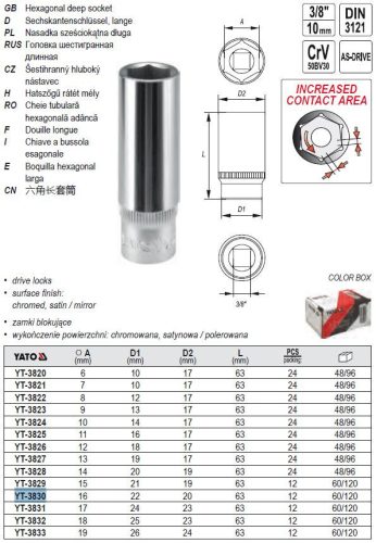 YATO YT-3830 Hosszú dugókulcs 3/8 Col 16 mm CrV