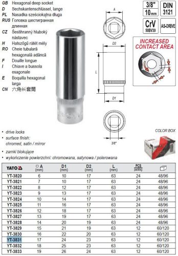 YATO YT-3831 Hosszú dugókulcs 3/8 Col 17 mm CrV