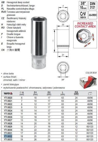 YATO YT-3832 Hosszú dugókulcs 3/8 Col 18 mm CrV