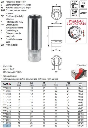 YATO YT-3833 Hosszú dugókulcs 3/8 Col 19 mm CrV