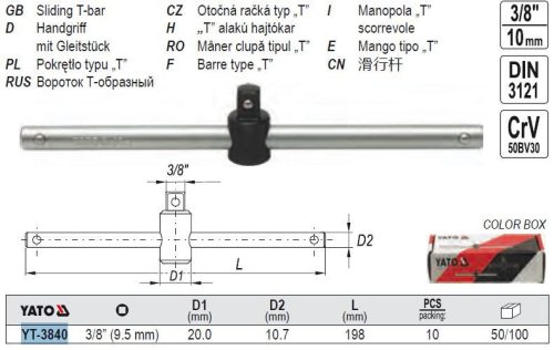 YATO YT-3840 T-hajtókar 3/8 Col 198 mm CrV