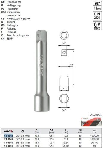 YATO YT-3842 Dugókulcs toldószár 3/8 Col 42 mm CrV