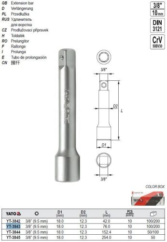 YATO YT-3843 Dugókulcs toldószár 3/8 Col 76 mm CrV