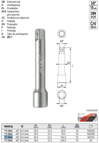 YATO YT-3844 Dugókulcs toldószár 3/8 Col 152,4 mm CrV