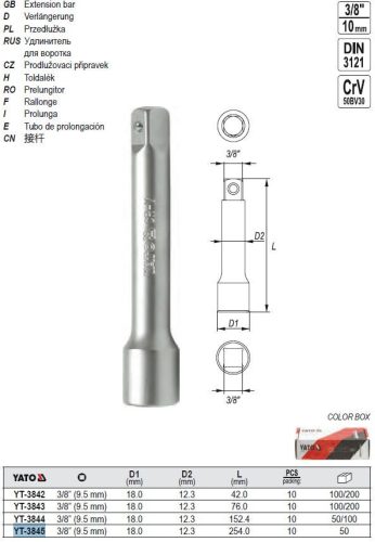 YATO YT-3845 Dugókulcs toldószár 3/8 Col 254 mm CrV
