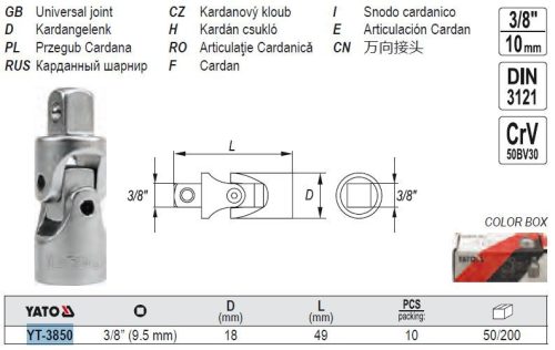 YATO YT-3850 Univerzális csuklós csatlakozó 3/8 Col CrMo