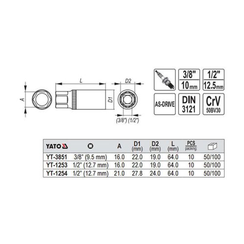 YATO YT-3851 Gyertyakulcs 3/8 Col 16 mm / 64 mm CrV