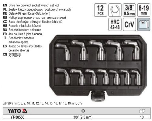 YATO YT-38550 Nyitott csillag-dugókulcs készlet 12 részes 3/8" 8-19 mm CrV